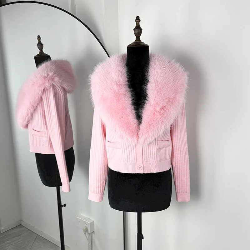 Women's Fur Collar Knit Cardigan Sweater Coat with Buttons