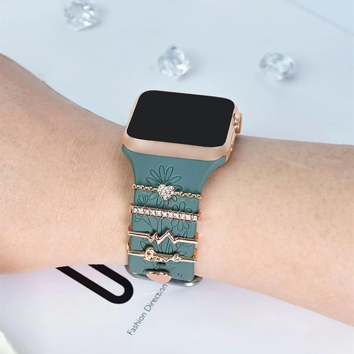 5 sztuk Rhinestone Watchband pierścionek pętle gwoździe szpilki, śliczny metalowy pasek do zegarka Charms dekoracje kompatybilne z serią IWatch Watchb