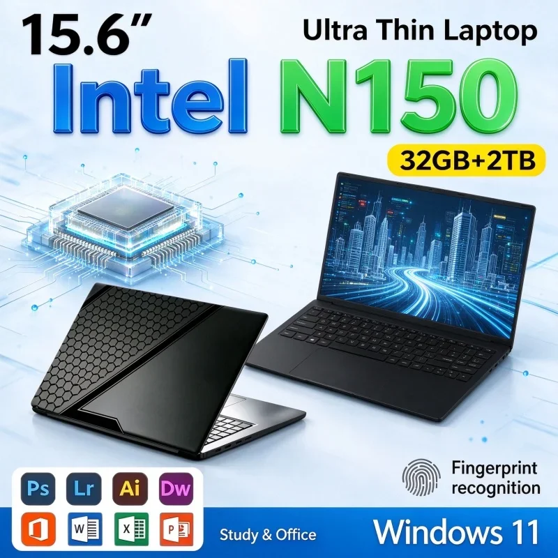 15.6" Lightweight Ultra Thin Notebook Intel N150 Windows11 32GB RAM 1TB 2TB SSD Portable Laptop Computer For Home Office Daily