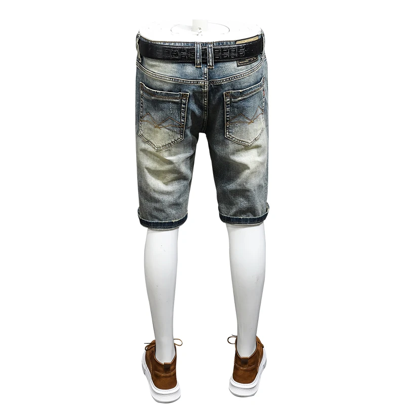 Ripped Motorcycle Denim Shorts Men's Summer Thin Trendy Retro Funny All-Matching Slim Fit Stretch Casual Fifth Pants