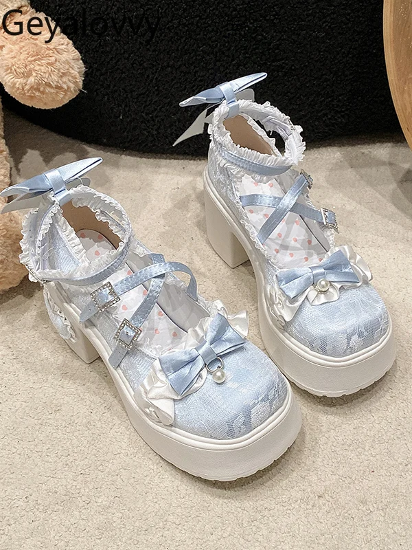 

Милые милые туфли-лодочки в стиле Лолиты для девочек с круглым носком и высоким каблуком, японская униформа JK, универсальные туфли Мэри Джейн на шнуровке с бантом и шнуровкой для вечеринок