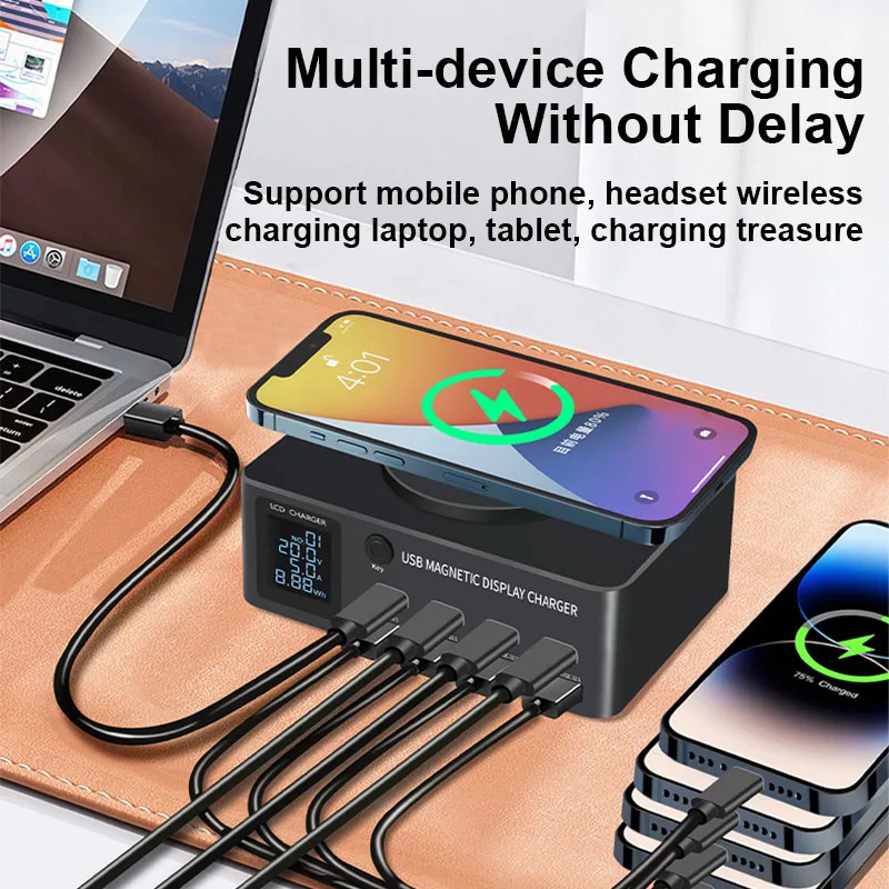 WLX-818DP 140W 8-Port Desktop Charger Magnetic Wireless Fast Charger 8-Port USB PD QC3.0 Desktop Charging Station