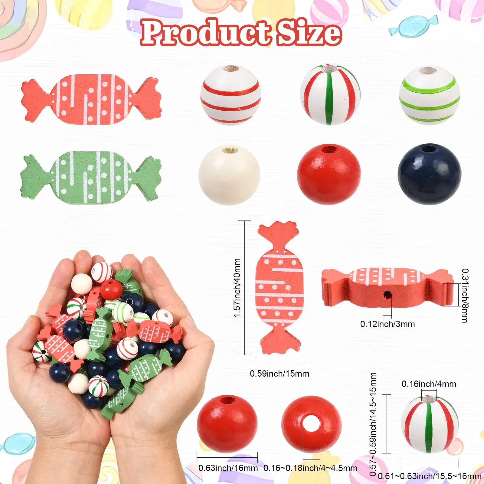 PandaHall 100pcs Random  Christmas Spray Painted Wood Bead Sets, 16mm for DIY Jewelry,Christmas  Holiday Ornament Crafts