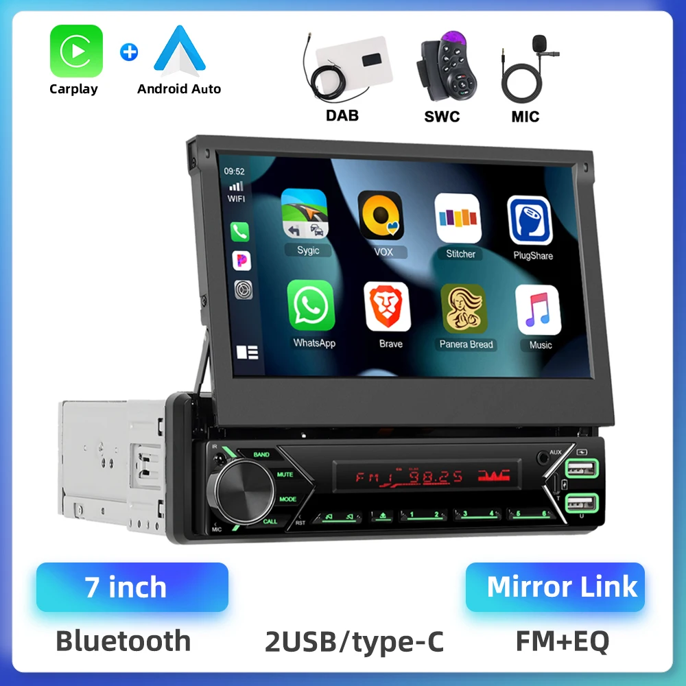 Podofo DAB+ 1Din MP5-speler Automatisch intrekbaar scherm autoradio Carplay Android Auto Type-C & USB-poort EQ-geluid FM auto-audio