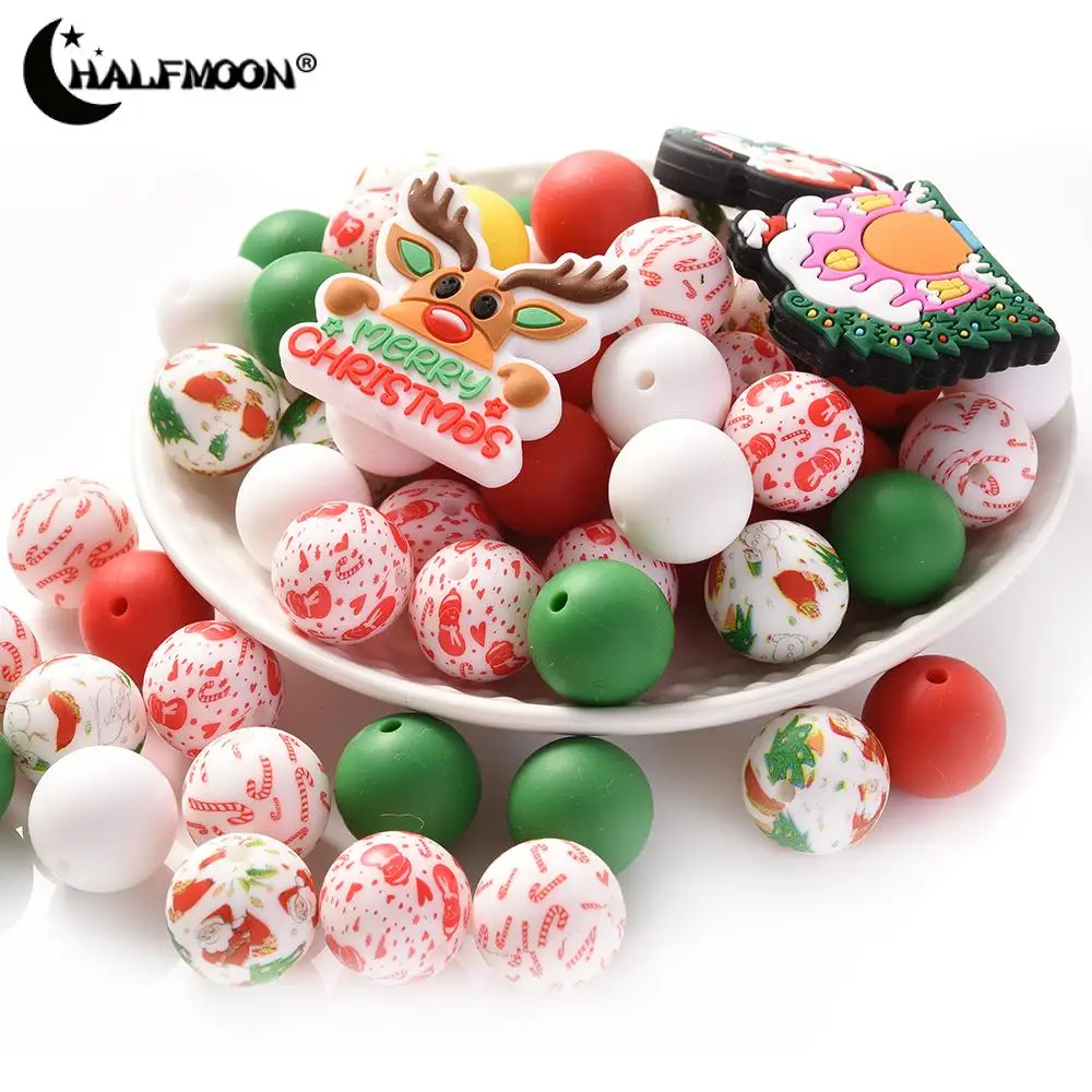 73Pcs New Christmas Silicone Beads Round 15mm Print Loose Beads Set For Beadable Pen Keychain Bracelet DIY Handmade Accessories