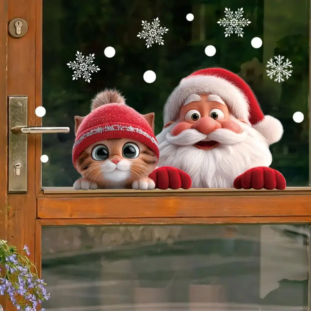 Christmas Mirror Sticker Cartoon Santa Claus Cat Snowflake Window Glass Sticker Merry Christmas Decors Electrostatic Adsorption
