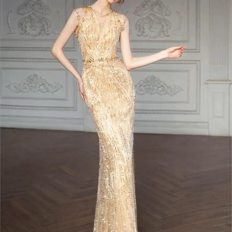 Golden Heavy industry banquet light luxury temperament sequin fishtail toasting dress