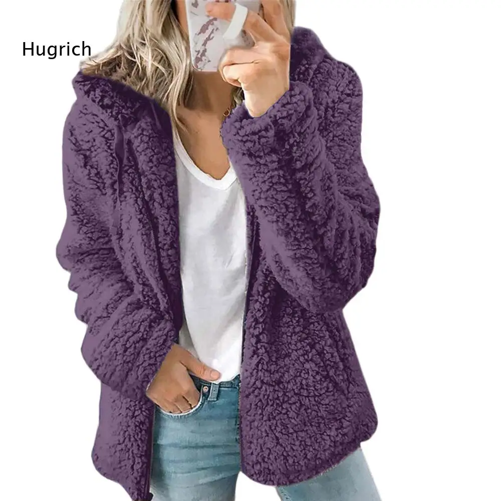 Elegant Purple Faux Fur Jacket Women Long Sleeve Zipper Front Loose Fit Breathable Material Office Wear Lightweight