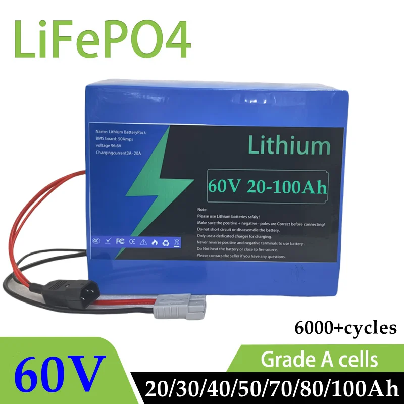 

Deep cycle 60V 60ah 50ah 80ah 100ah 20ah 30ah 40ah 70ah Lithium Lifepo4 battery for 2KW 3KW 5KW motor Tricycle, scooter