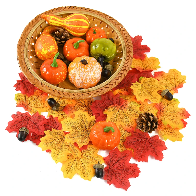 50pcs Fall Holiday Decoration Simulation Fake Pumpkin Maple Pine Cones Acorns Halloween Christmas Thanksgiving Party Photo Props