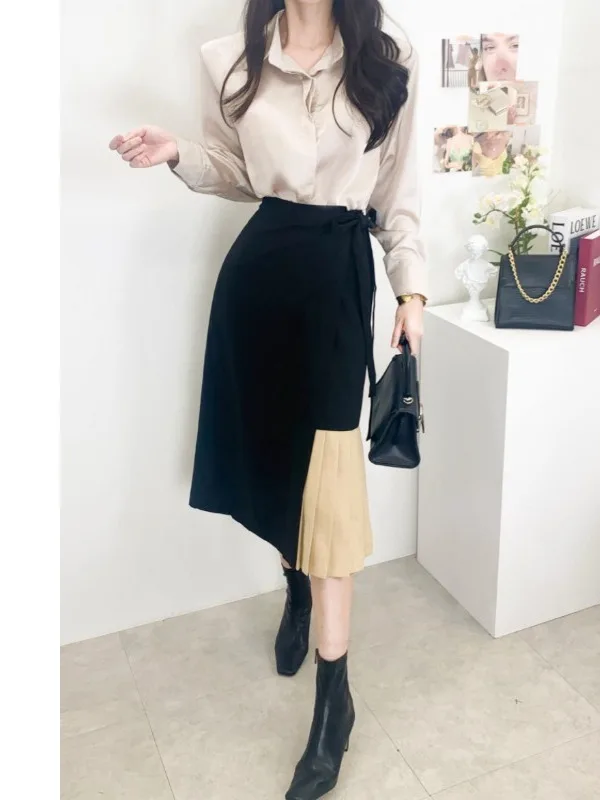 

Корейский Sle, красивый женский комплект из двух предметов с имитацией шелка, длинный свек, плиссированный комплект с регулируемой завязкой на талии и юбкой