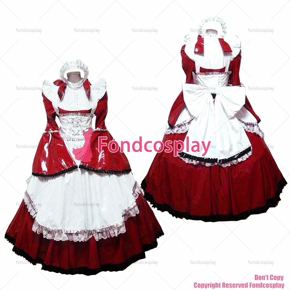 

fondcosplay adult sexy cross dressing sissy maid long lockable red thin PVC Dress vinyl Uniform white apron CD/TV[G1638]