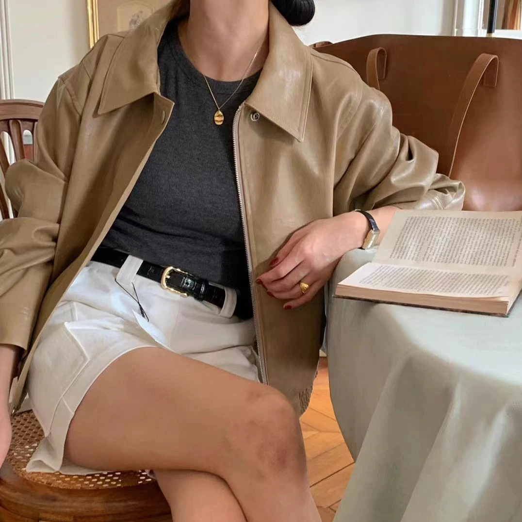 Retro Faion Hong Kong Sle Long Sve PU Leather Jaet Women's Motorcycle Jaet Top PU Leather Outerwear Coat