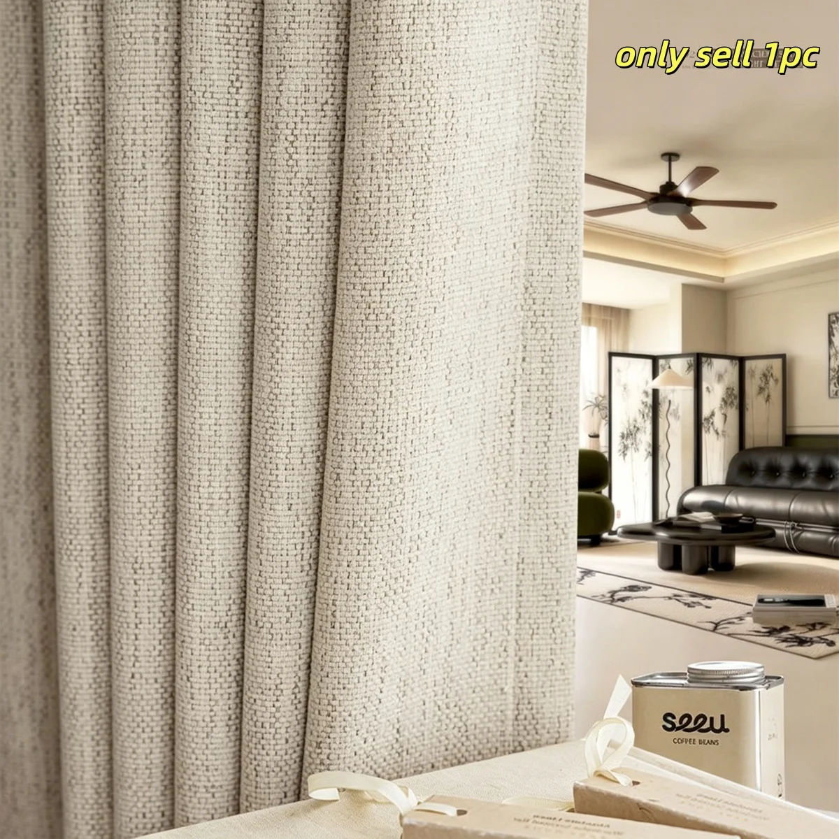 1pc Double-Sided Linen Curtain, Light Blocking, Suitable for Living Room and Bedroom, Cream Style Luxury Customization, Privacy
