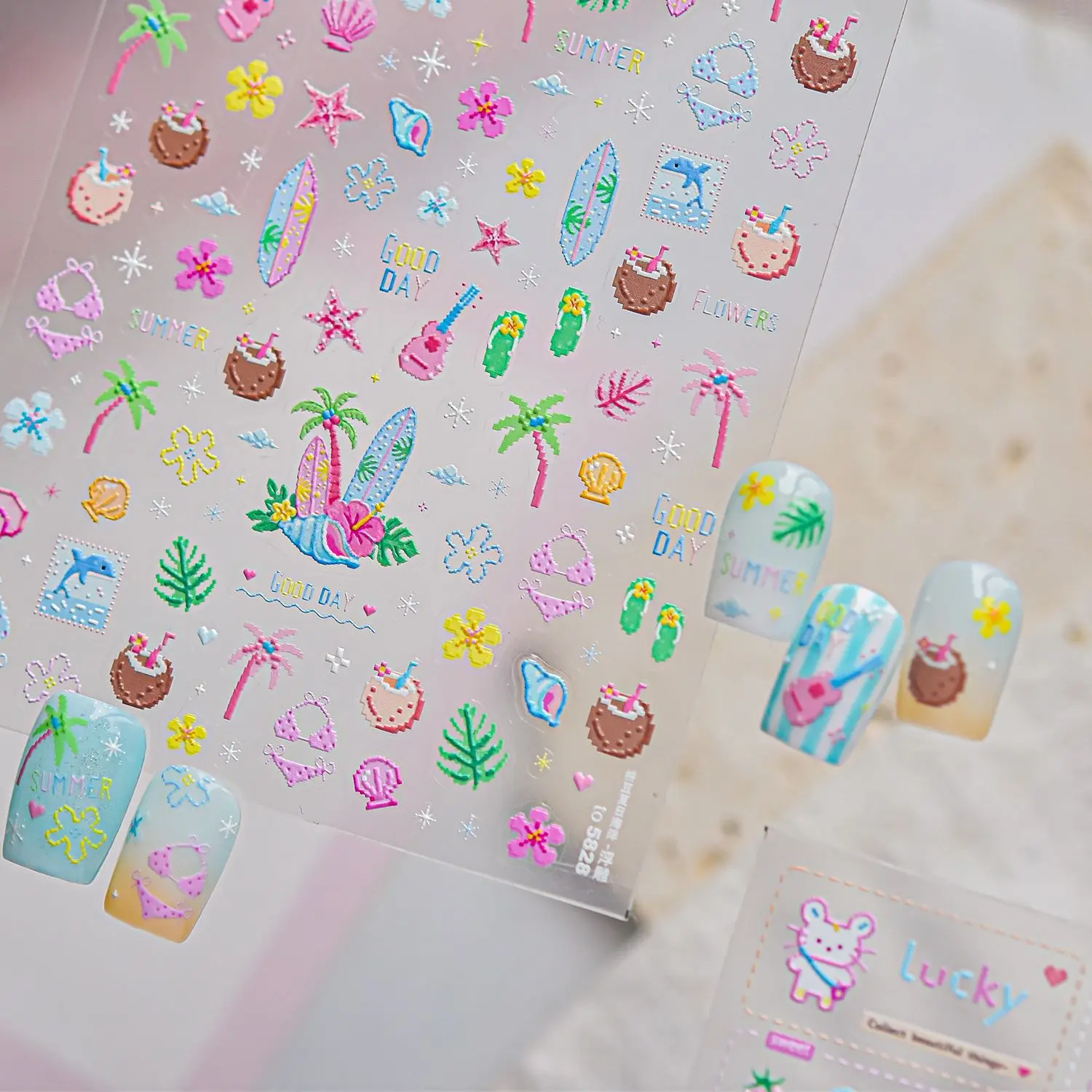 Summer Beach 5D Nail Stickers Coconut Tree Surfboard Drink Flower Shell Dolphin Seaside Vacation Theme Self Adhesive Nail Decals