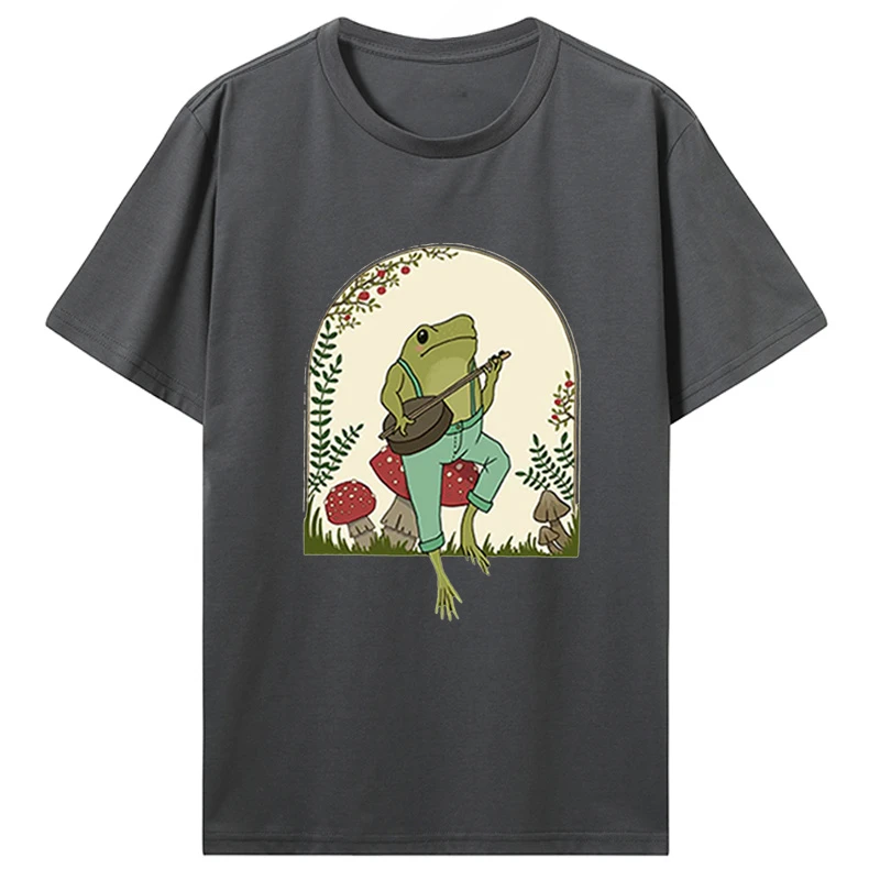 Aesthetic Frog Playing Banjo On Mushroom T Shirt Men Cotton Graphic  Men Clothing Oversized Cute Cottagecore T-shirts