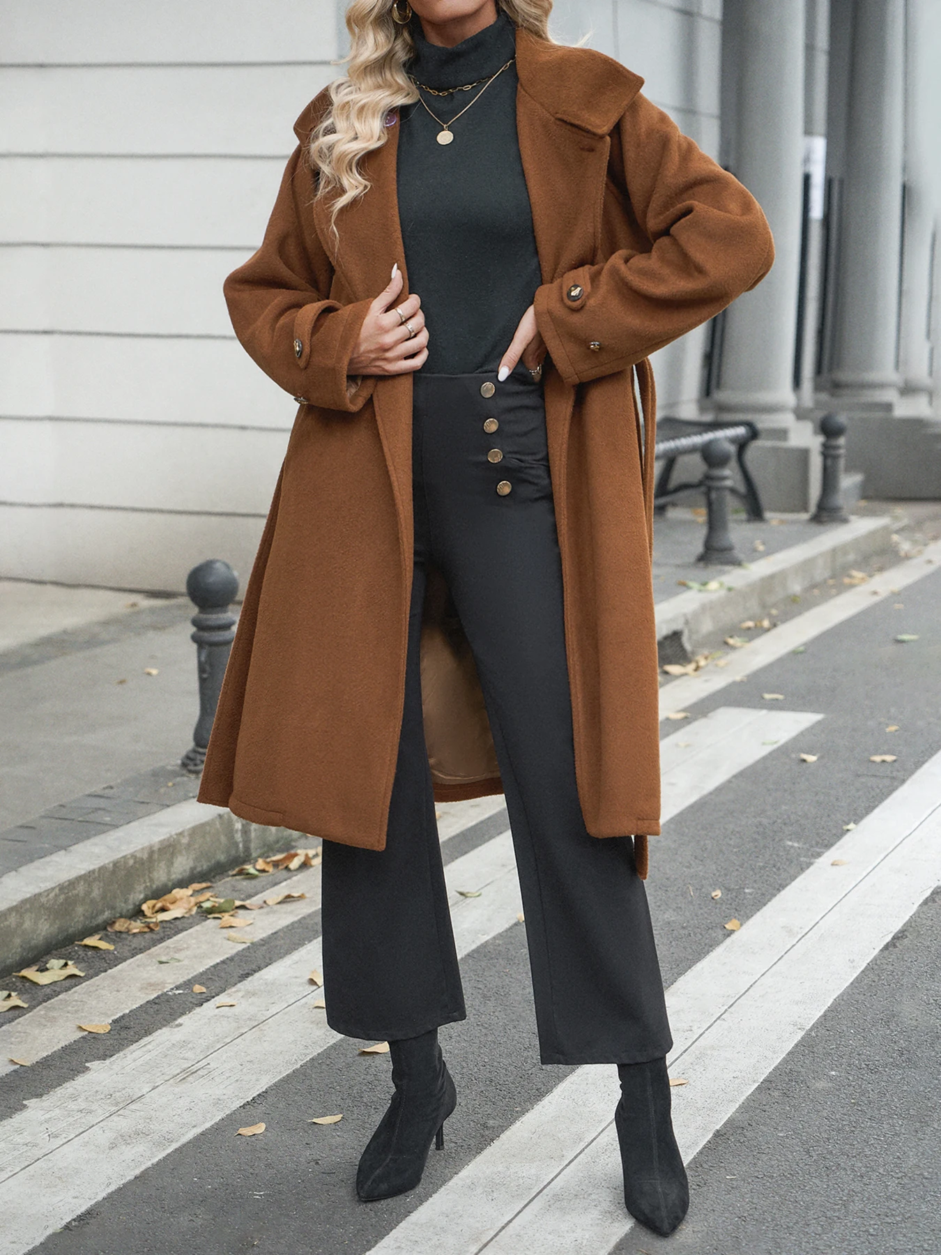 

Woolen Coat for Women Mid Length Stand Collar Autumn Winter Women Solid Color Pockets Overcoat Trench Coat Streetwear Female New