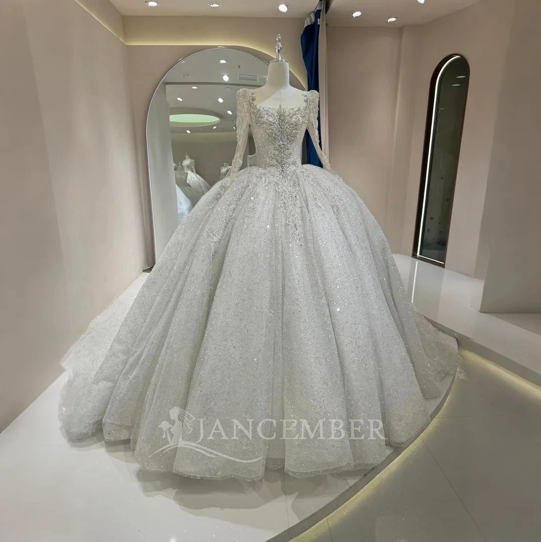 

Customized Luxurious Organza O-Neck Ball Gown Wedding Dresses Beading Pearls Perfect Long Sleeves Bride свадебное платье
