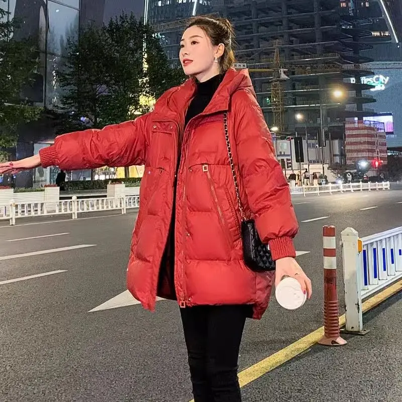 New women's winter loose mid to long style down jacket women's hooded red thick fashion solid color casual versatile coat