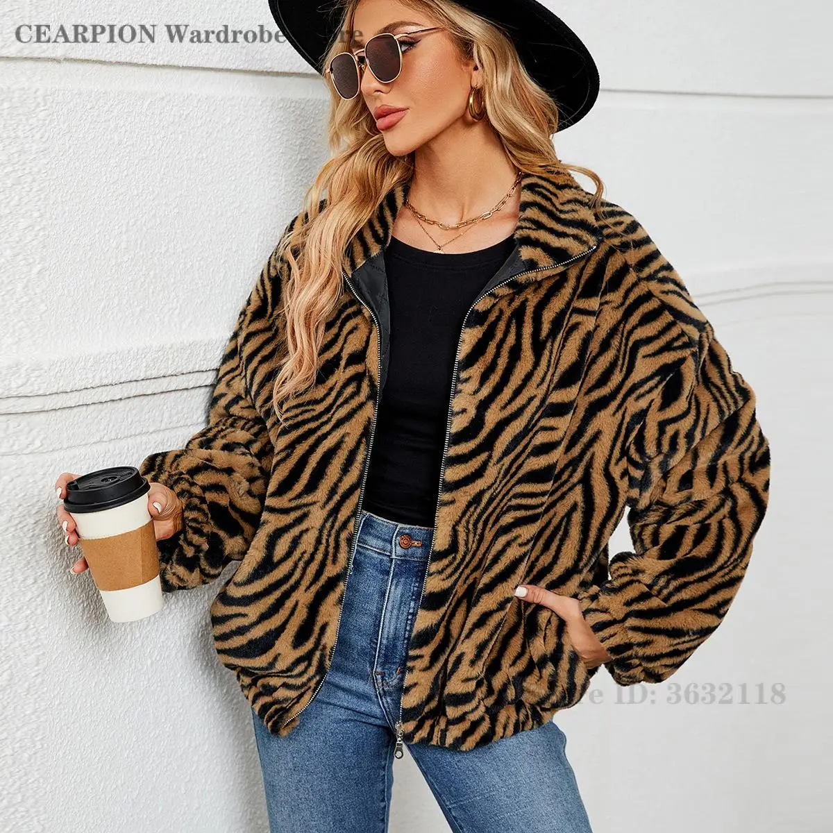 Women Zebra Striped Jacket Long Sleeve Stand Collar Zip Up Plush Coat Casual Loose Warm Fleece Outerwear Fashion Street Coat