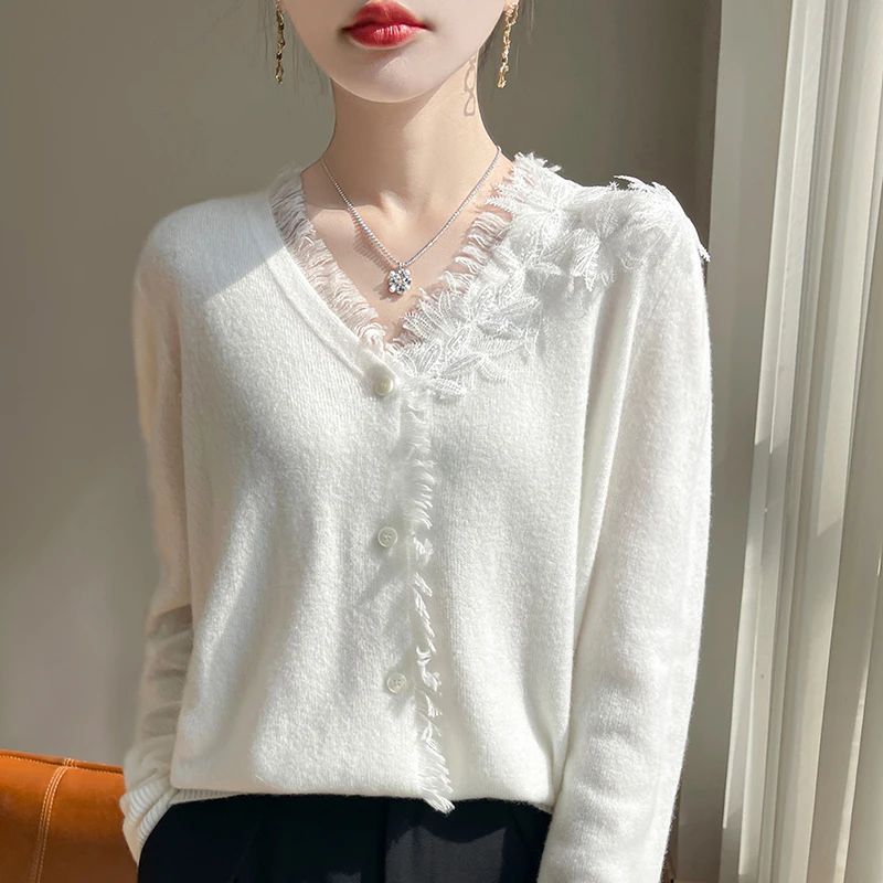 Hot selling new women's knitted V-neck cardigan, cashmere wool sweater, fashionable and exquisite thin jacket, women's sweater