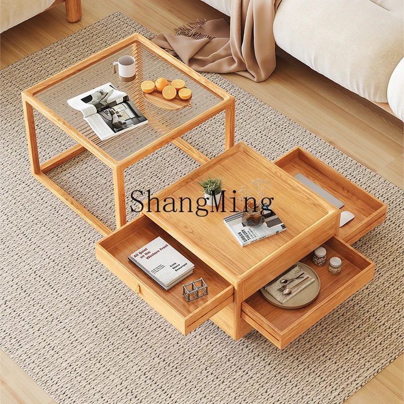 

ZJH log color solid wood small apartment living room combination coffee table simple telescopic storage coffee table combination