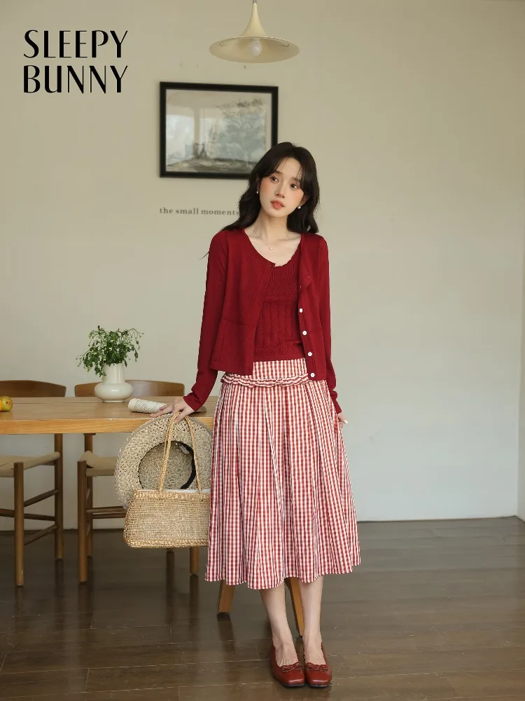 

Vintage Elegant Flowing Plaid Pleated Skirt High Waist Midi Skirt Spring Retro Skirt A-Line Dress Hip Covering Casual Outfit