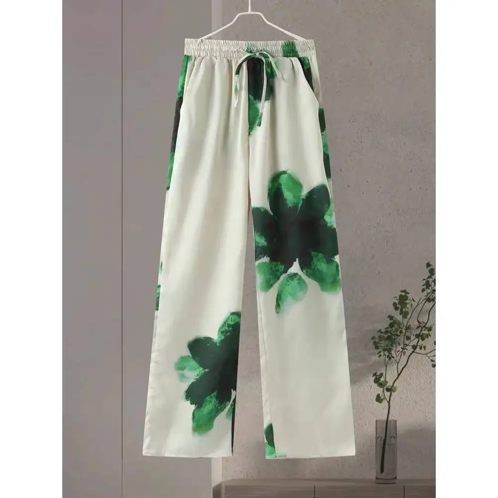 TRAFZA Spring Woman Fashion Long Pants Green Printed Flower Elastic Waist Drawstring Casual Female Wide Leg Pants Beach Style