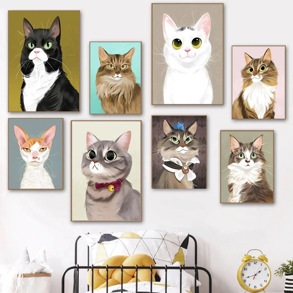 Cartoon Cute Cat Art Canvas Painting Long-haired Cats Posters and Prints for Children's Room Home Decor Wall Art