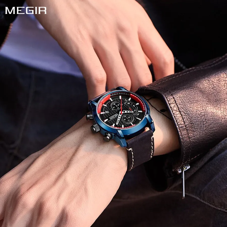 

MEGIR Fashion Mens Watches Waterproof Luminous Sports Wrist Watch Man Leather Chronograph Quartz Wristwatch Reloj Hombre 2104