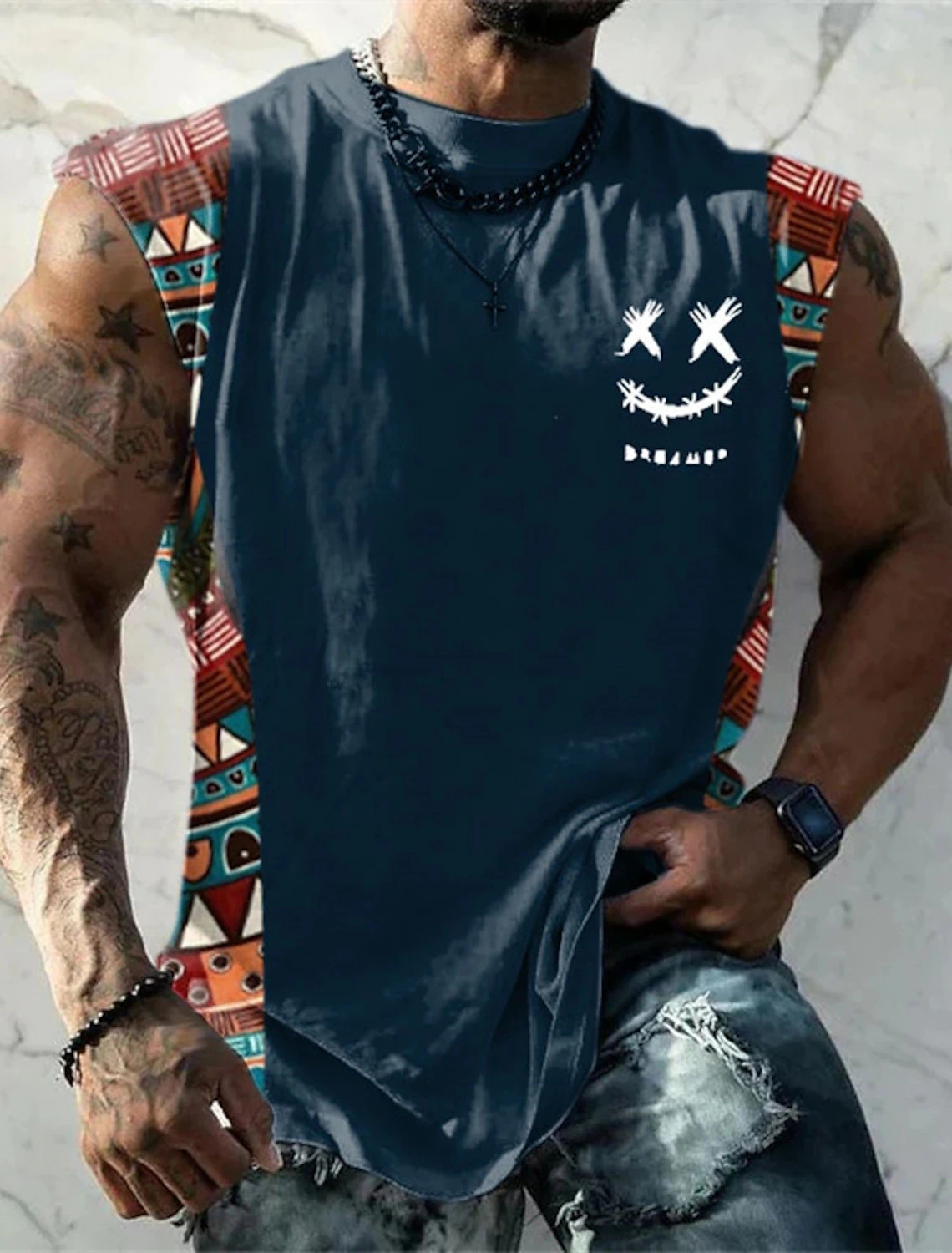 Summer New Men\'s Vest T Shirt Patterned Tribal Round Neck Clothing Daily Fitness Sports Vintage Sleeveless Printed Ethnic Tops