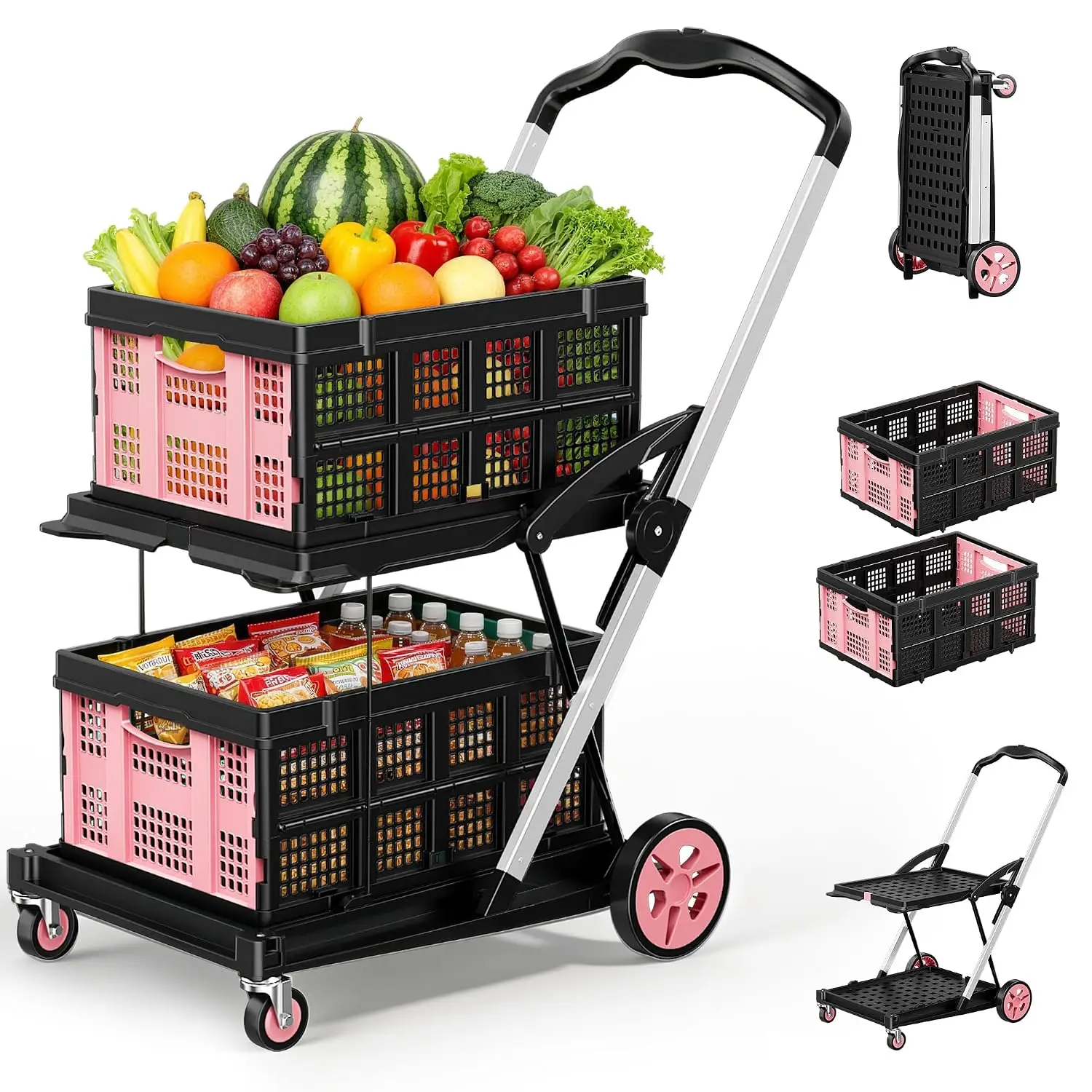 8-in-1 Max 200LBS Collapsible Shopping Cart on Wheels with 2 Storage Crates, Portable Foldable Shopping Cart with Foot Brake
