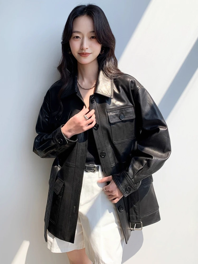 Vintage-Cargojacken aus echtem Leder für Damen, Frühling und Herbst 2022, neuer High-End-Mantel aus schlichtem, schmalem, weichem, schwarzem echtem Ziegenleder mit Gürtel