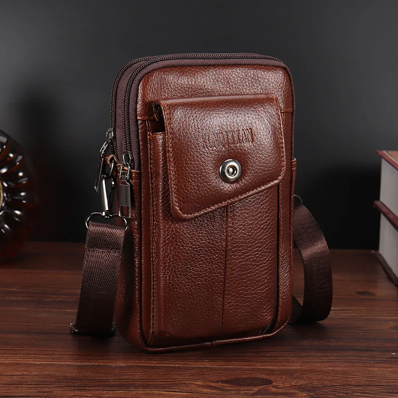 Men's genuine leather vertical single-shoulder bag, multi-purpose waterproof, waist-hung, mobile phone storage wallet
