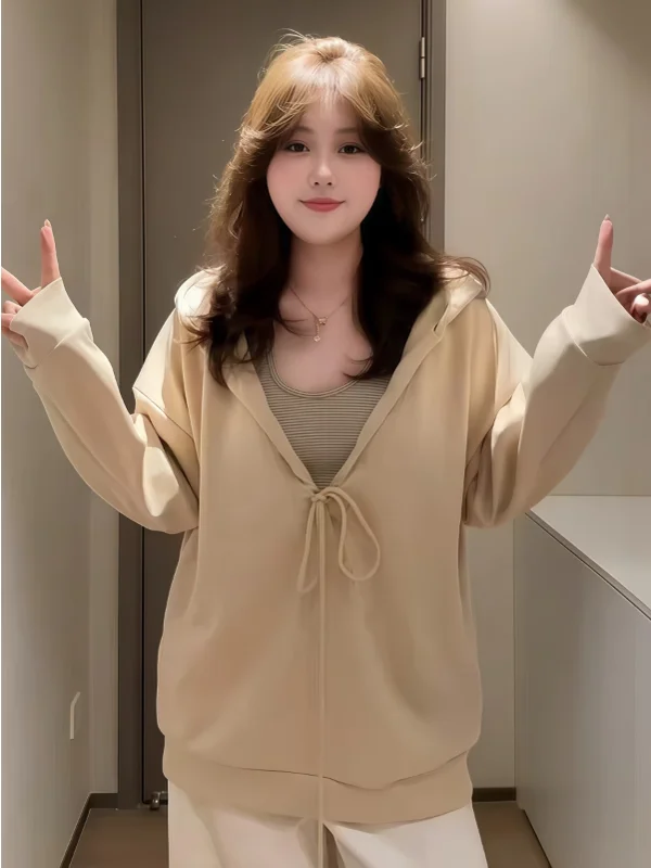 

plus Size Women's Autumn Striped Hoodie Set Drawstring Casual Fashion Two-Piece Suit Korean Style Lazy Style Comfortable Fit