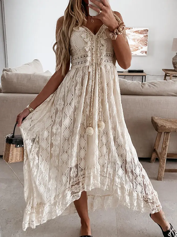 

White Lace Long Dress Women Off Shoulder Sleeveless Sundress Ladies Spaghetti Strap Beach Dress Solid Deep V Neck Robe Longue