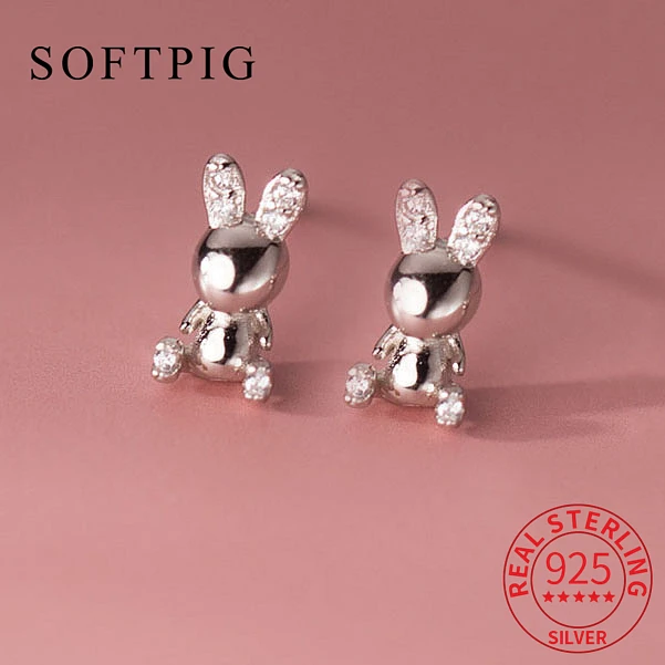 

SOFTPIG Real 925 Sterling Silver Zircon CZ Rabbit Stud Earrings For Women Cute Animal Fine Jewelry Minimalist Accessories