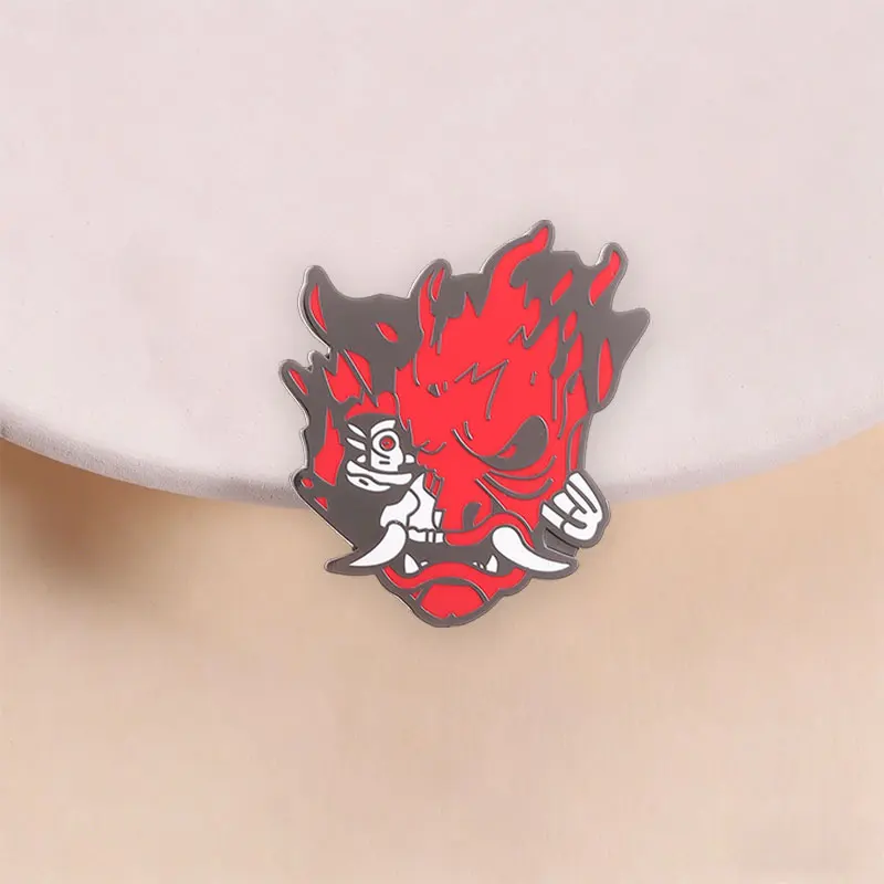 Horror Red Demon Hannya Mask Bagde Japanese Samurai Oni Devil Halloween Cosplay Enamel Pin Lapel Brooch Jewelry Gift for Friends