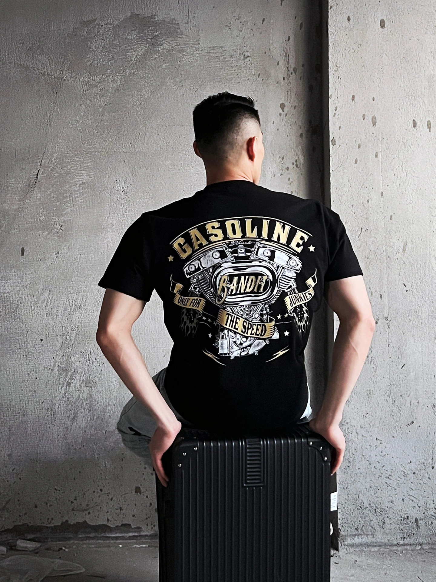 American Retro Tough Guy Motorcycle Engine Motorcycle Motorcycle Rider Short Sleeve T-shirt Men Heavy Cotton Tide Brand Black