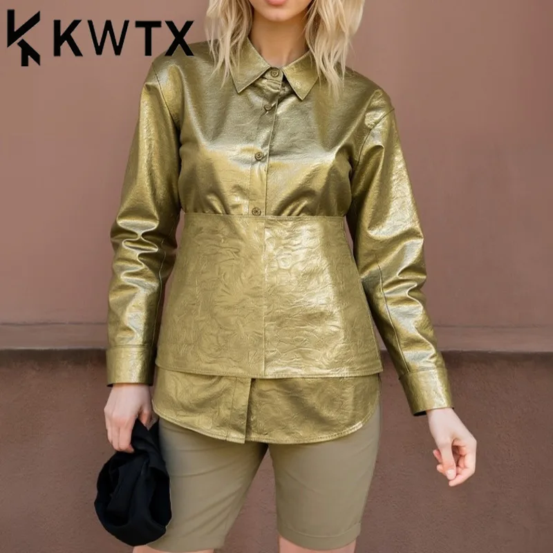 

KWTX Luxury Leather Shirt Women Single Btn Waist Tie Elegant Streetwear Chic Designer High Quality Spring Summer 2025 Fashion
