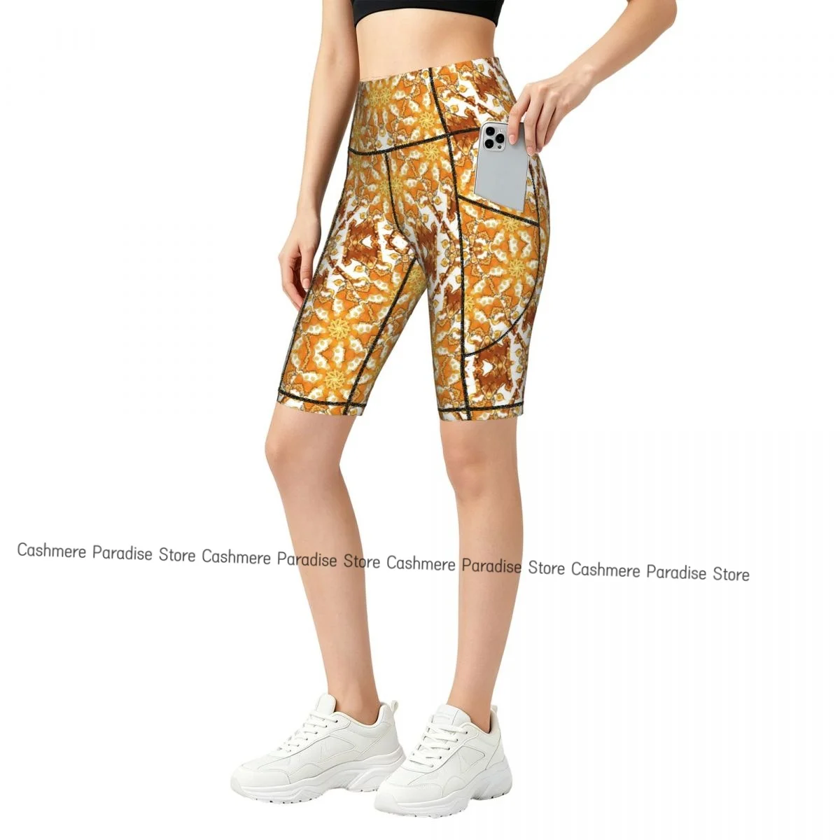 Double Pocket Sports Shorts Women Elastic Slim Golden Pattern Shorts Gym Exercise Running High Waist Yoga Fitness Shorts