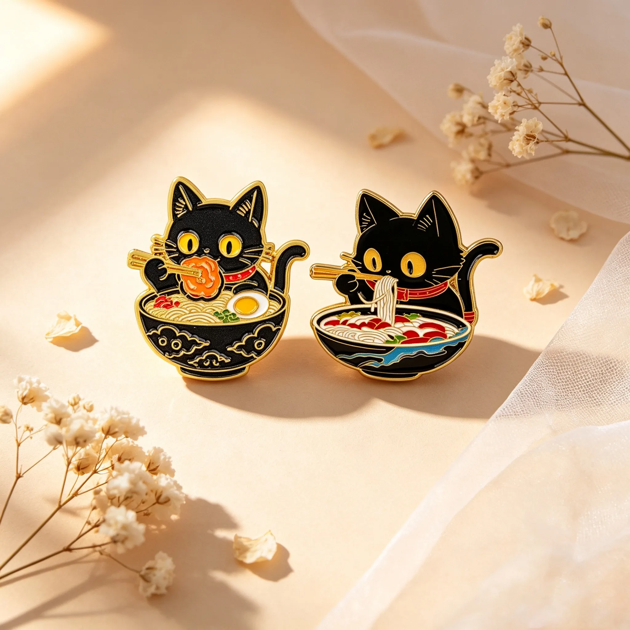 2pcs/set Lamian Noodles Black Cat Enamel Pin Lapel Pins Cartoon Brooches Badges Kawaii Brooch for Clothes Jewelry Gifts Friends