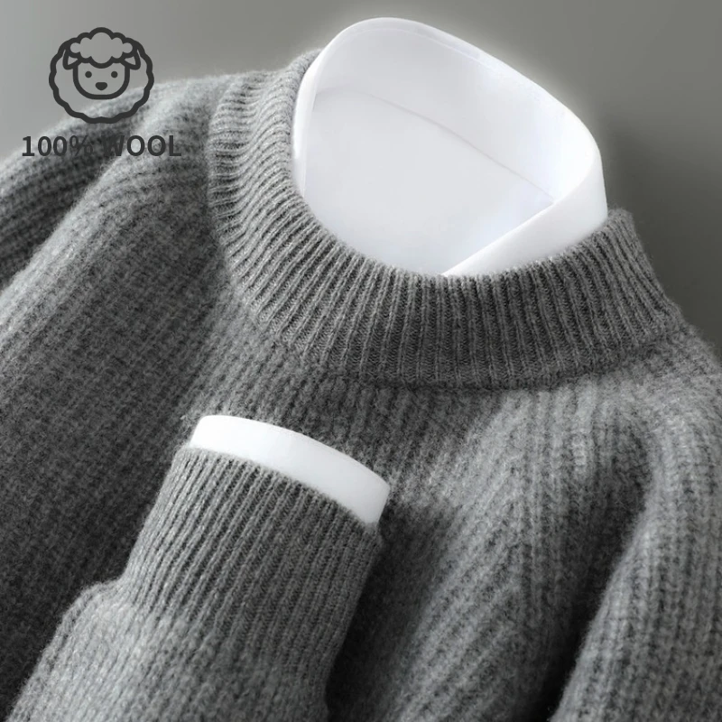 

100% Wool Thermal Underwear​ Men's Autumn-Winter Semi-High Neck Jacquard Wool Sweater - Light Gray (8 Colors)
