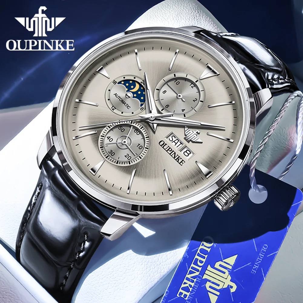 

OUPINKE мужские модные механические часы для отдыха 50 м водонепроницаемые мужские часы с сапфировым стеклом многофункциональный циферблат