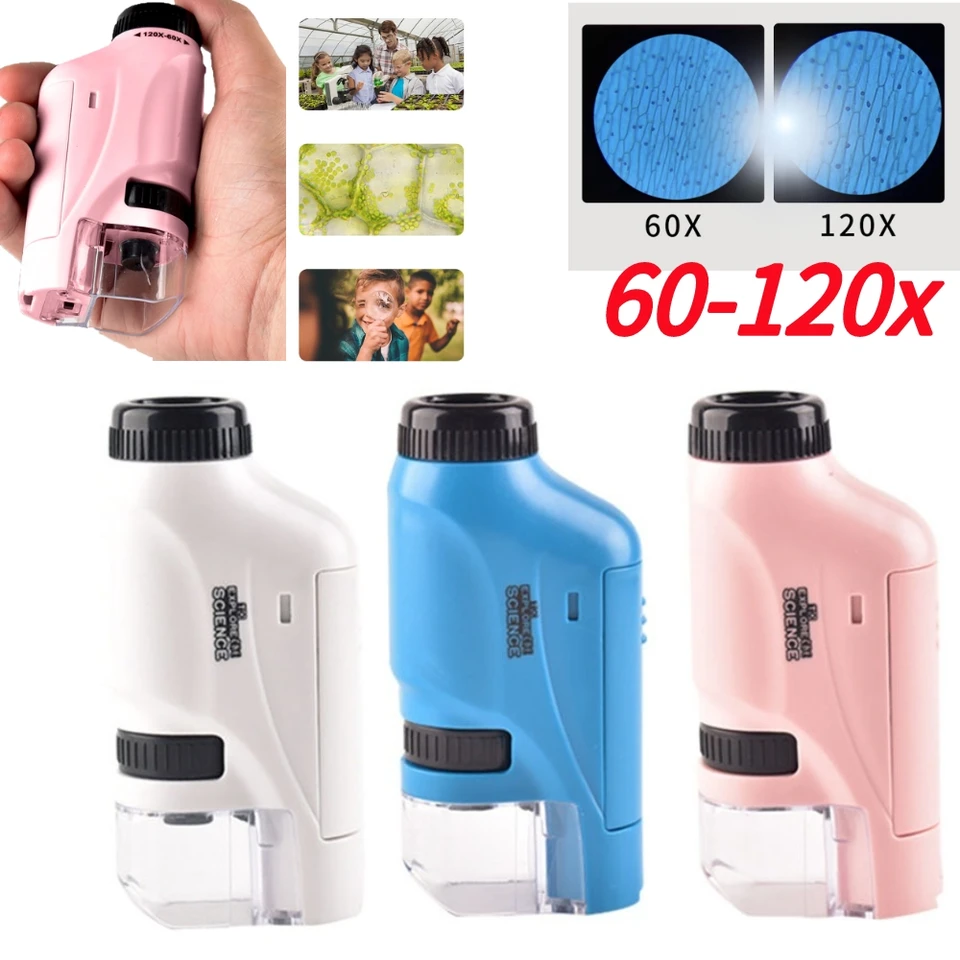 Microscope Enfant QUNSE 60x-120x – Portable Avec 5 Lames Préparées – Sac étanche – Bleu