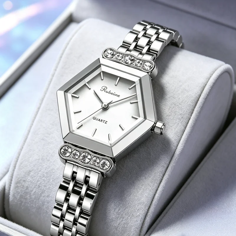 RUIXINE Ladies Hexagonal Dial Quartz Watch Shiny Rhinestone Inlaid Wristwatch Elegant Classic Dress Watch Women Daily Party Gift