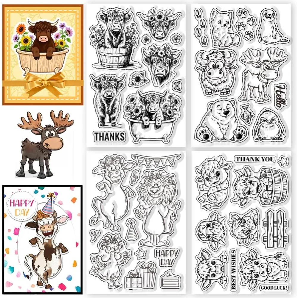 4 Stück transparente Stempel mit Highland-Cattle-Muster, Cartoon-Tier-Silikonstempel für DIY-Scrapbooking und Kartenherstellung, Papierhandwerk