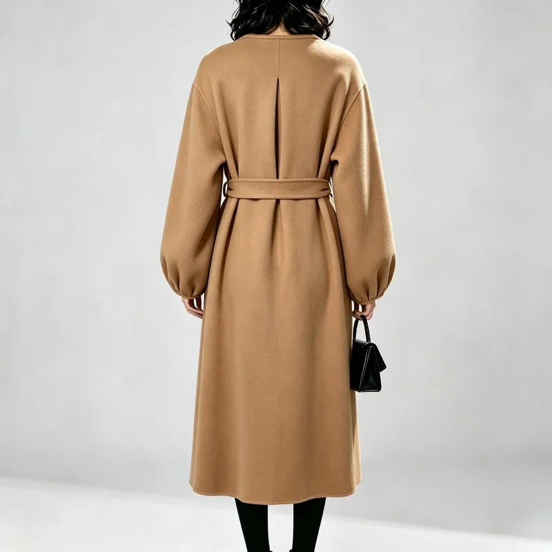 Double Face Cashmere Long Coat Classic Camel Women Fall Winter 2026, Lantern Sleeves, Waist Belt, Warm and Slimming Outerwear