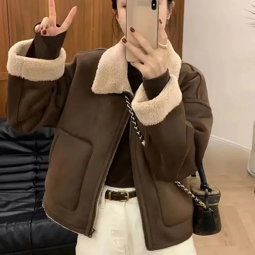 Korean Version Retro Temperament Lapel Loose Suede Casual Jacket, Lamb Wool Splicing Coat with Pockets,women's Autumn and Winter