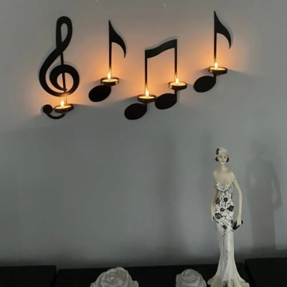 1 Set Candle Holder Wall-mounted Creative Handmade Metal Musical Note Key Shape Tea Light Display Stand Home Decor